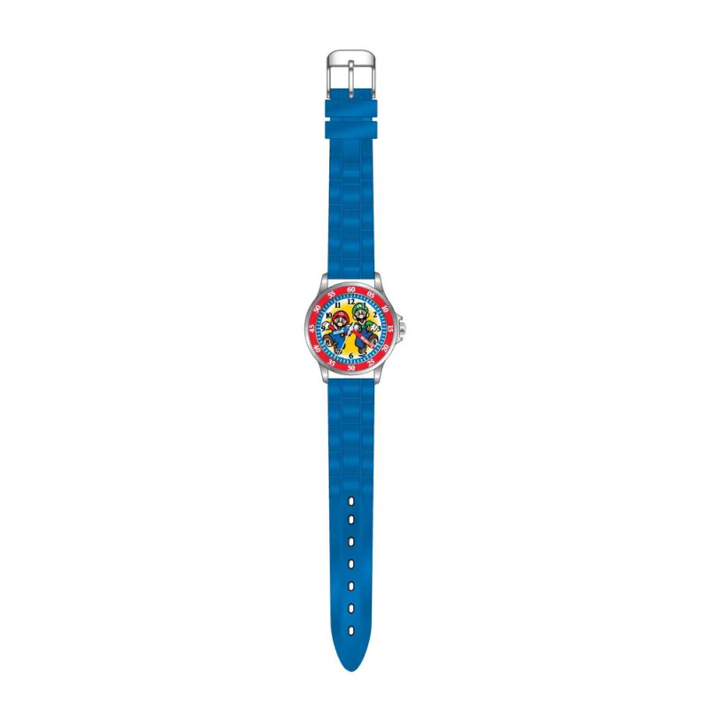 Blaue Armbanduhr mit Cartoon-Motiv auf dem Zifferblatt, blauem Band und roter Lünette. Blaue Armbanduhr mit Cartoon-Motiv auf dem Zifferblatt, blauem Band und roter Lünette.