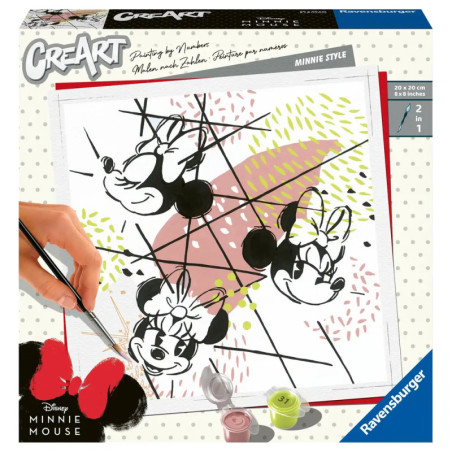 Eine Hand bemalt ein Malen-nach-Zahlen-Set mit drei Minnie-Mouse-Gesichtern und verschiedenen Farbtöpfchen.