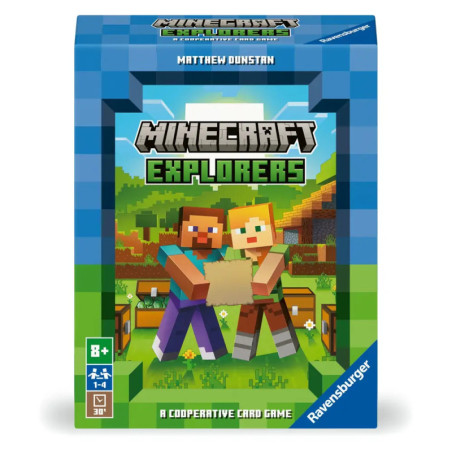 Minecraft Explorers Kartenspiel-Box mit zwei Figuren und einer Karte vor pixelierter Landschaft.