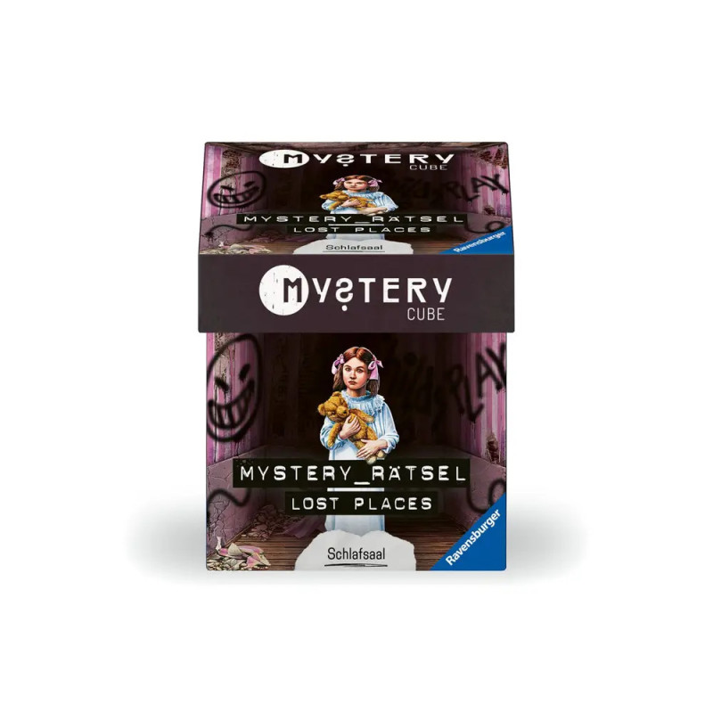 Box of Mystery Cube: Rätsel Lost Places mit einem Mädchen, das auf der Vorderseite einen Teddybär hält.