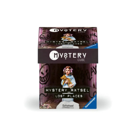 Box of Mystery Cube: Rätsel Lost Places mit einem Mädchen, das auf der Vorderseite einen Teddybär hält.