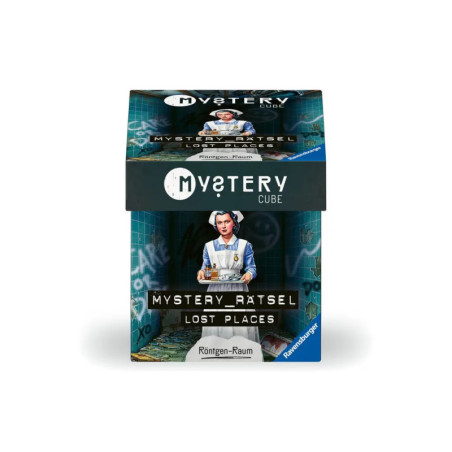 Mystery Cube Spielbox mit Krankenschwester in Krankenhausumgebung, beschriftet mit Mystery_Rätsel Lost Places.