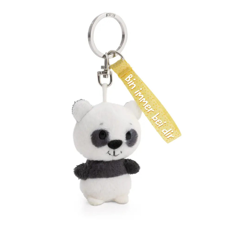 Plüsch-Panda-Schlüsselanhänger mit gelbem Anhänger: Bin immer bei dir in Weiß.