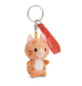 Plüschiger orangefarbener Katzen-Schlüsselanhänger mit rotem Love-Tag am Silberring.