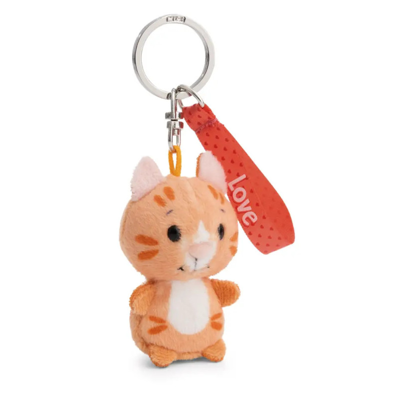 Plüschiger orangefarbener Katzen-Schlüsselanhänger mit rotem Love-Tag am Silberring.