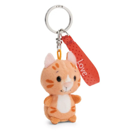 Plüschiger orangefarbener Katzen-Schlüsselanhänger mit rotem Love-Tag am Silberring.