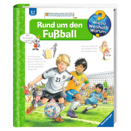 Kinder spielen Fußball auf dem Buchcover Rund um den Fußball vor grün-weißem Hintergrund.