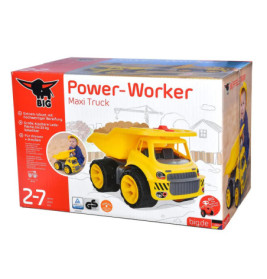 BIG Power-Worker Maxi Truck, gelber Spielzeug-Kipplaster für Kinder von 2-7 Jahren, Kind auf Verpackung abgebildet.