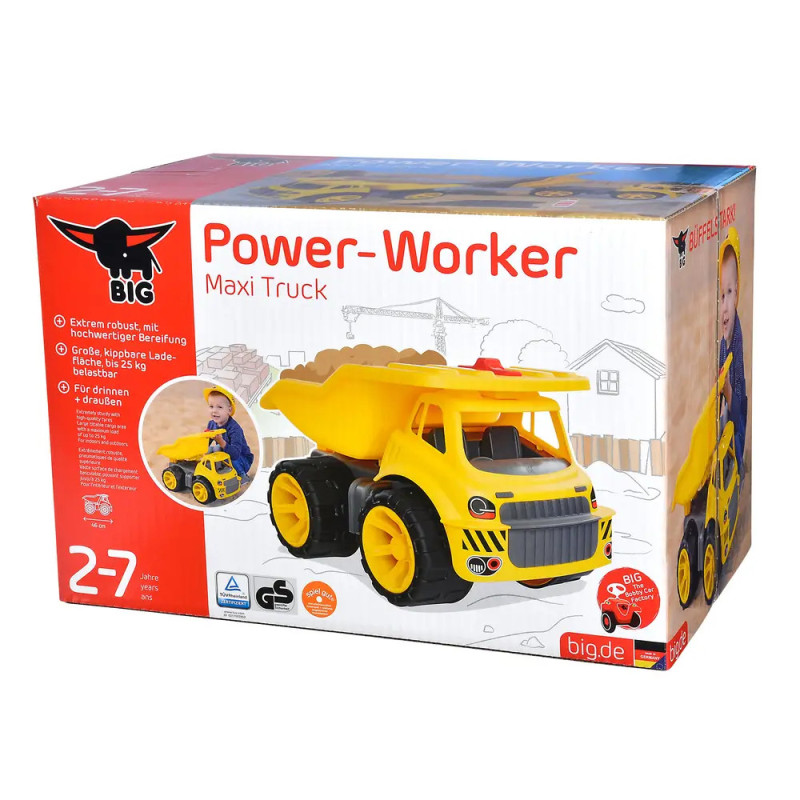 BIG Power-Worker Maxi Truck, gelber Spielzeug-Kipplaster für Kinder von 2-7 Jahren, Kind auf Verpackung abgebildet. BIG Power-Worker Maxi Truck, gelber Spielzeug-Kipplaster für Kinder von 2-7 Jahren, Kind auf Verpackung abgebildet.