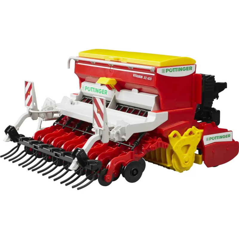 Rotes und gelbes Pöttinger-Spielzeug mit detaillierten Teilen wie Rädern, Zinken und Markenaufdruck. Rotes und gelbes Pöttinger-Spielzeug mit detaillierten Teilen wie Rädern, Zinken und Markenaufdruck.
