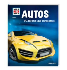 Buchcover mit gelbem Sportwagen und dem Titel AUTOS: PS, Hybrid und Turbostars auf blauem Hintergrund.