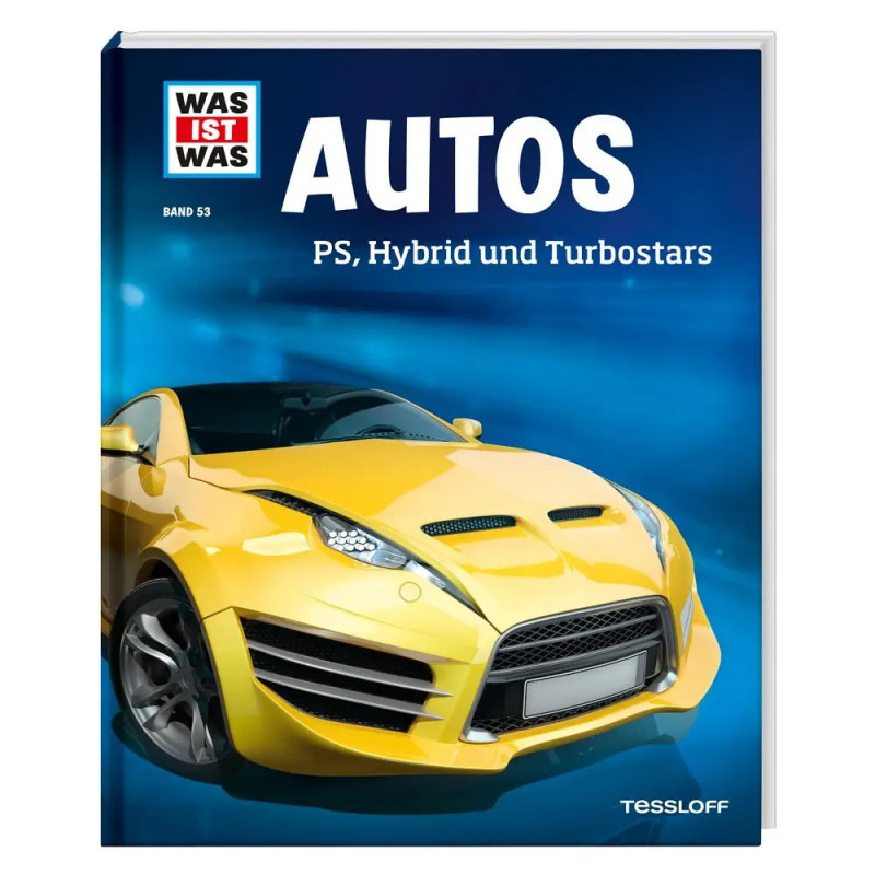 Buchcover mit gelbem Sportwagen und dem Titel AUTOS: PS, Hybrid und Turbostars auf blauem Hintergrund. Buchcover mit gelbem Sportwagen und dem Titel AUTOS: PS, Hybrid und Turbostars auf blauem Hintergrund.