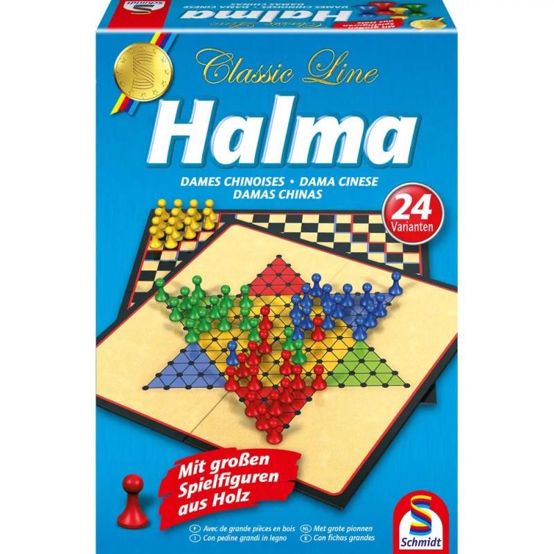 Halma-Spielschachtel mit bunten Spielfiguren, sternförmigem Spielbrett und mehrsprachiger Beschriftung. Halma-Spielschachtel mit bunten Spielfiguren, sternförmigem Spielbrett und mehrsprachiger Beschriftung.