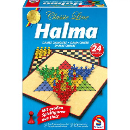 Halma-Spielschachtel mit bunten Spielfiguren, sternförmigem Spielbrett und mehrsprachiger Beschriftung.