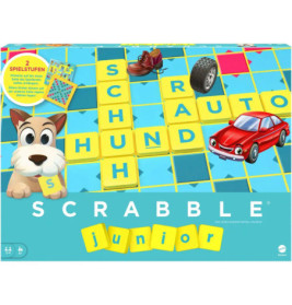 Scrabble Junior Spielbox mit Comic-Hund, Auto, Schuh und Wörtern auf blau-gelbem Spielbrett.