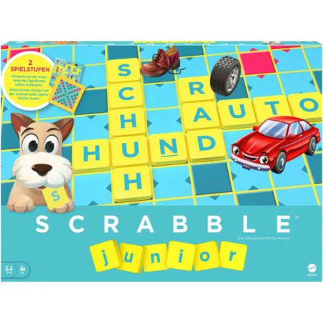Scrabble Junior Spielbox mit Comic-Hund, Auto, Schuh und Wörtern auf blau-gelbem Spielbrett. Scrabble Junior Spielbox mit Comic-Hund, Auto, Schuh und Wörtern auf blau-gelbem Spielbrett.