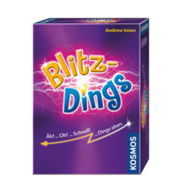 Lila Blitz-Dings-Box mit Blitzmotiv und auffälligem gelb-blauem Schriftzug auf der Vorderseite.