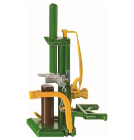 Grün-gelber Holzspalter mit vertikaler Hydraulikpresse hält ein braunes Holzstück zum Spalten bereit.