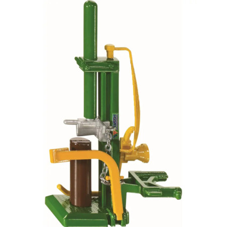 Grün-gelber Holzspalter mit vertikaler Hydraulikpresse hält ein braunes Holzstück zum Spalten bereit.