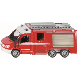 Rotes Spielzeug-Feuerwehrauto mit silbernen Details, Leiter oben und blauen Lichtern, seitlich abgebildet.