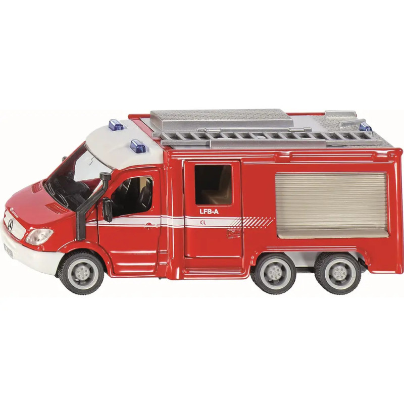 Rotes Spielzeug-Feuerwehrauto mit silbernen Details, Leiter oben und blauen Lichtern, seitlich abgebildet. Rotes Spielzeug-Feuerwehrauto mit silbernen Details, Leiter oben und blauen Lichtern, seitlich abgebildet.