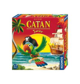 Catan Junior Brettspielschachtel mit Piratenpapagei und Schiff auf dem Meer vor Sonnenuntergang.