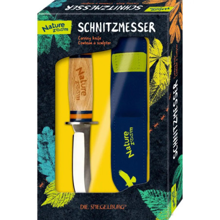 Nature Zoom Schnitzmesser mit Holzgriff und blauer Scheide in bunter Verpackung.
