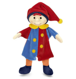 Plüschclown mit rot-blauem Anzug, gelben Knöpfen und roter Mütze mit gelbem Bommel.