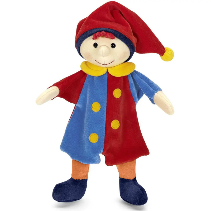 Plüschclown mit rot-blauem Anzug, gelben Knöpfen und roter Mütze mit gelbem Bommel. Plüschclown mit rot-blauem Anzug, gelben Knöpfen und roter Mütze mit gelbem Bommel.