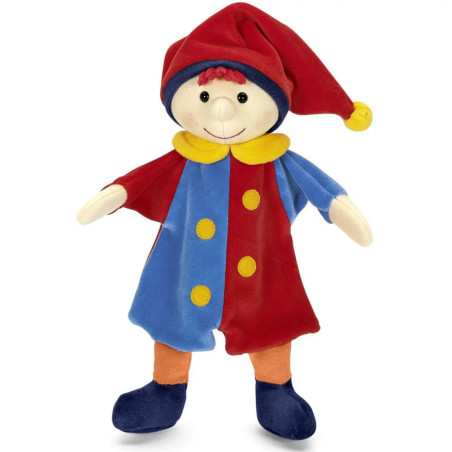 Plüschclown mit rot-blauem Anzug, gelben Knöpfen und roter Mütze mit gelbem Bommel. Plüschclown mit rot-blauem Anzug, gelben Knöpfen und roter Mütze mit gelbem Bommel.