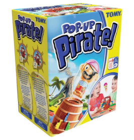 Pop-Up Pirat: Verpackung mit Pirat im Fass und zwei lachenden Kindern beim Spielen des Brettspiels.