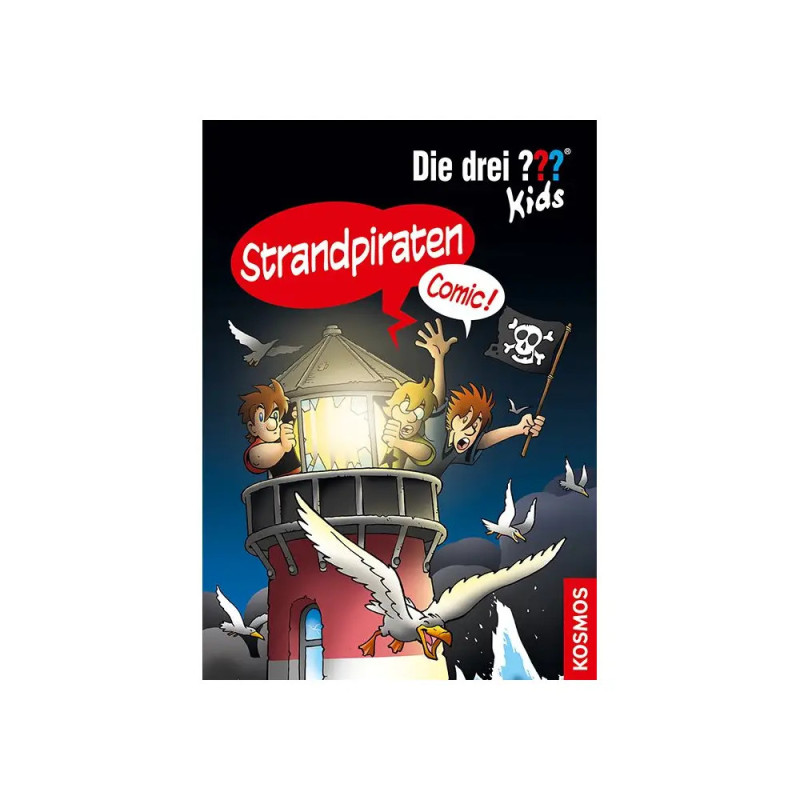 Drei Kinder auf einem Leuchtturm schwenken eine Piratenflagge, umgeben von Möwen Comiccover. Drei Kinder auf einem Leuchtturm schwenken eine Piratenflagge, umgeben von Möwen Comiccover.