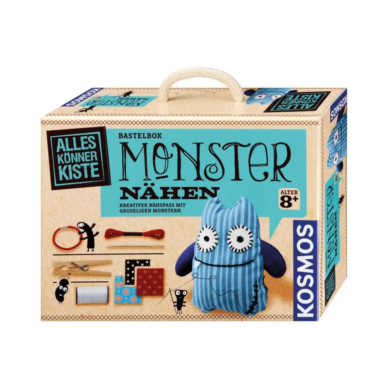 Nähset-Box für ein blaues Monster-Plüschtier, ab 8 Jahren, mit deutscher Beschriftung. Nähset-Box für ein blaues Monster-Plüschtier, ab 8 Jahren, mit deutscher Beschriftung.