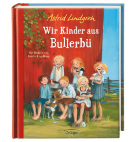 Buchcover von Wir Kinder aus Bullerbü mit sechs lachenden Kindern und einem Hund vor einem roten Haus.