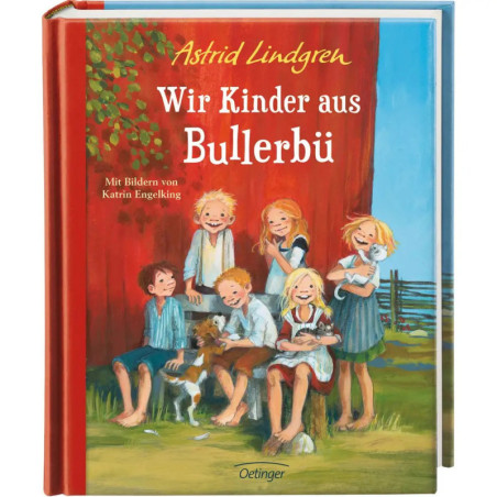 Buchcover von Wir Kinder aus Bullerbü mit sechs lachenden Kindern und einem Hund vor einem roten Haus. Buchcover von Wir Kinder aus Bullerbü mit sechs lachenden Kindern und einem Hund vor einem roten Haus.