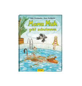 Buchcover von Mama Muh geht schwimmen: Die Kuh schwimmt, ein Mädchen sitzt am Beckenrand, eine Krähe fliegt.