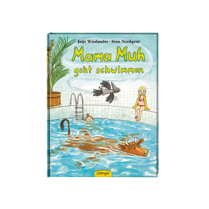 Buchcover von Mama Muh geht schwimmen: Die Kuh schwimmt, ein Mädchen sitzt am Beckenrand, eine Krähe fliegt.