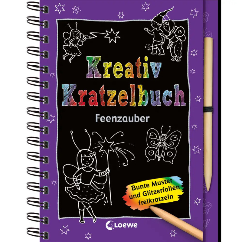 Lila Spiralblock mit Aufschrift Kreativ Kratzelbuch Feenzauber und märchenhaften Scratch-Art-Motiven.