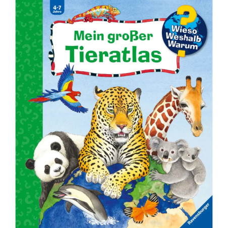 Buntes Cover eines deutschen Tier-Atlanten mit Leopard, Giraffe, Panda, Delfin, Koalas, Papagei und Chamäleon.