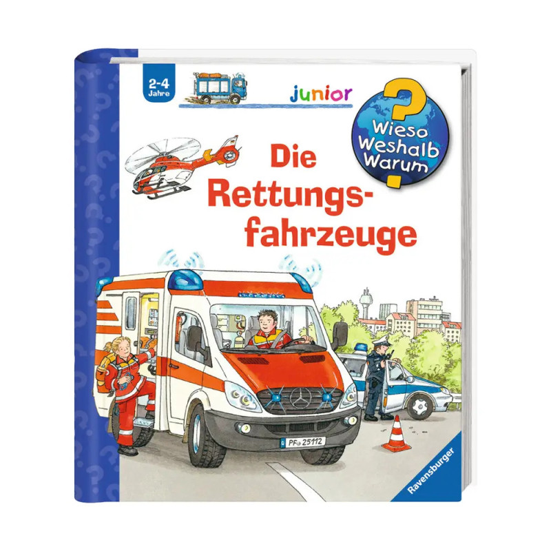 Kinderbuchcover mit Krankenwagen, Sanitätern und Hubschraubern, Titel: Die Rettungsfahrzeuge.