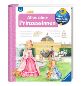 Kinderbuchcover mit Prinzessinnen, Palast, Hund und dem Titel Alles über Prinzessinnen.