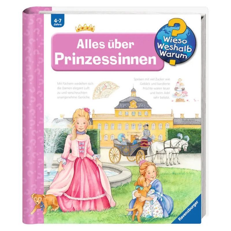 Kinderbuchcover mit Prinzessinnen, Palast, Hund und dem Titel Alles über Prinzessinnen.