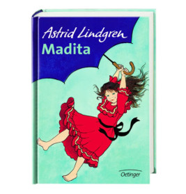 Buchcover von Madita: Ein Mädchen im roten Kleid schwingt an einem Regenschirm.
