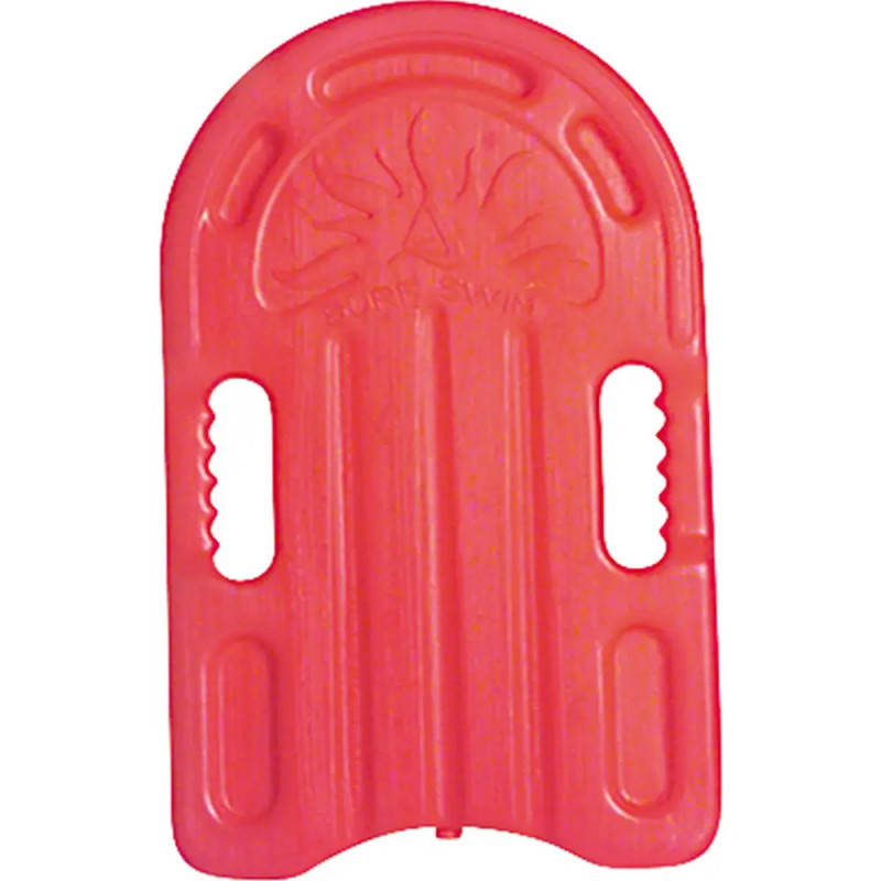 Rote Schwimmhilfe mit zwei Grifföffnungen und geriffelter Oberfläche, geeignet für das Schwimmtraining.