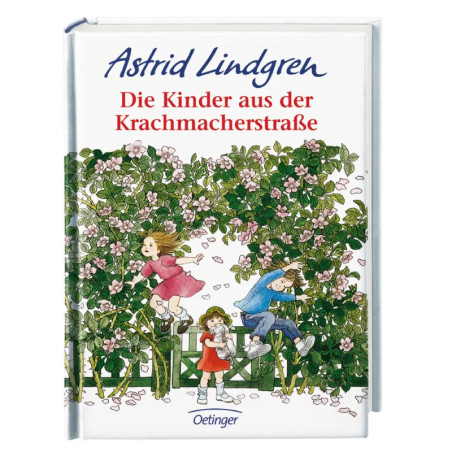 Buchcover von Die Kinder aus der Krachmacherstraße mit drei spielenden Kindern an einem Zaun mit Blumen. Buchcover von Die Kinder aus der Krachmacherstraße mit drei spielenden Kindern an einem Zaun mit Blumen.