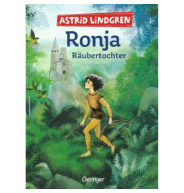 Ein Mädchen mit Locken und Speer geht durch einen grünen Wald, im Hintergrund ist eine Burg zu sehen.