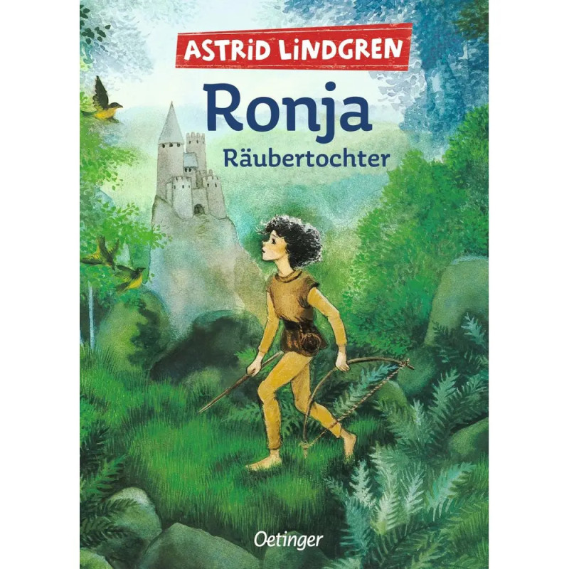 Ein Mädchen mit Locken und Speer geht durch einen grünen Wald, im Hintergrund ist eine Burg zu sehen. Ein Mädchen mit Locken und Speer geht durch einen grünen Wald, im Hintergrund ist eine Burg zu sehen.