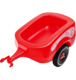 Roter Kunststoffspielzeuganhänger mit zwei schwarzen Rädern und der Aufschrift Big Bobby Car Trailer an der Seite.