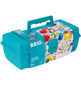 Türkises BRIO Builder Starter Set, Werkzeugbox, ab 3 Jahren, 49 Teile auf der Verpackung abgebildet.