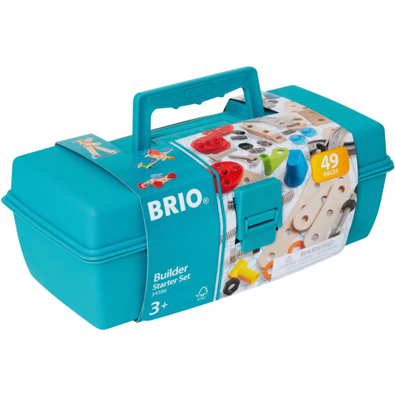 Türkises BRIO Builder Starter Set, Werkzeugbox, ab 3 Jahren, 49 Teile auf der Verpackung abgebildet.